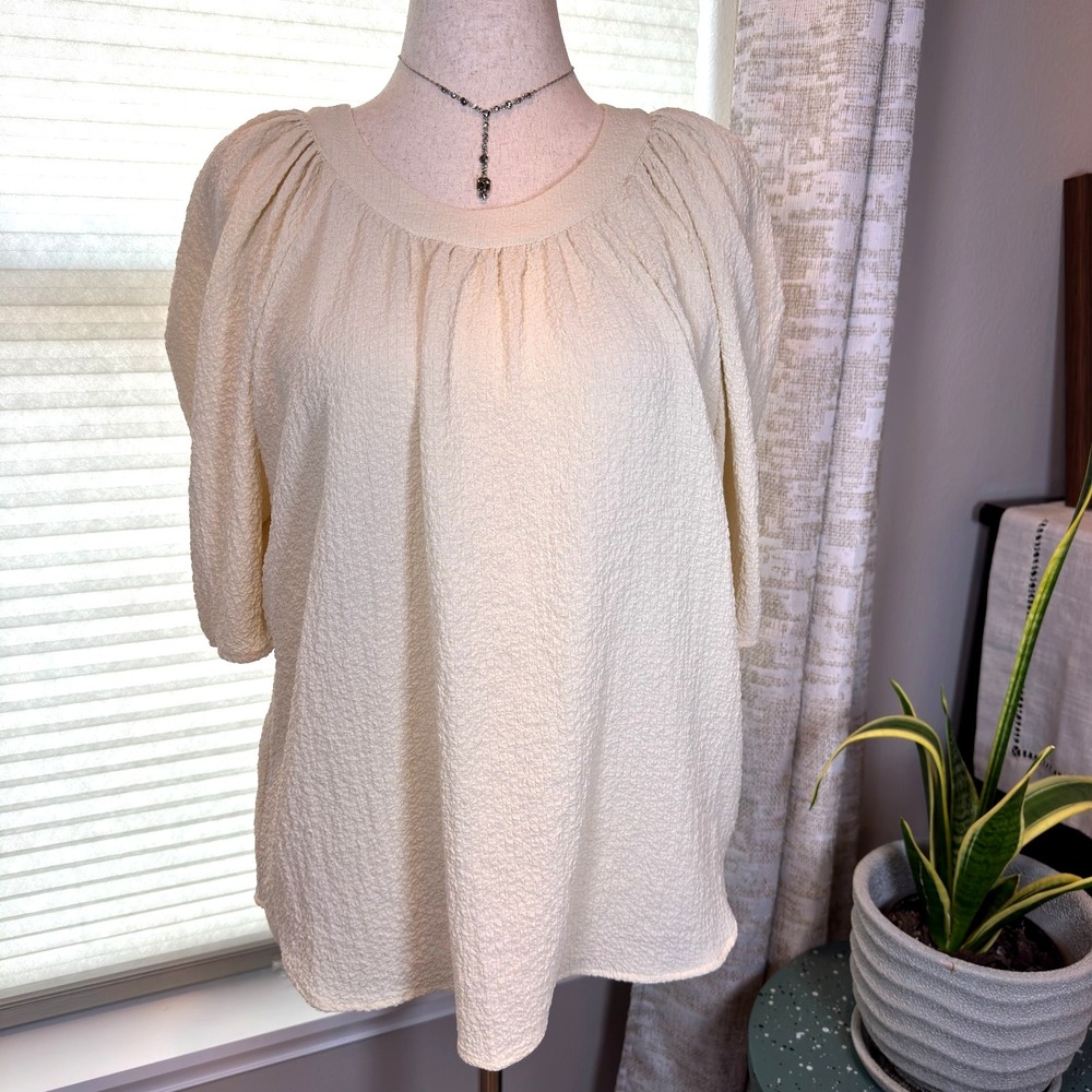 Calvin Klein Textured Puff Shoulder Blouse Top Women's XL Elbow Sleeve Wheat